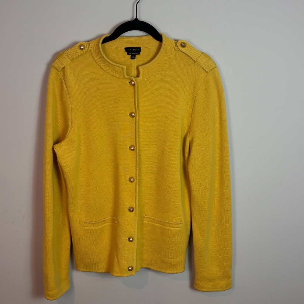 Talbots Womens 100% Pure Merino Wool Mustard Yellow Button Shoulder Cardigan MED